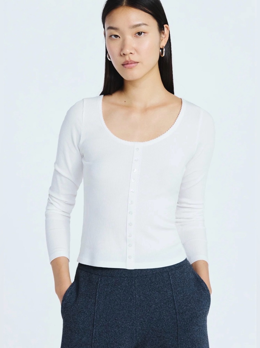 Scoop Cream Lace Trim Scoop Neck Ribbed Long Sleeve Tee